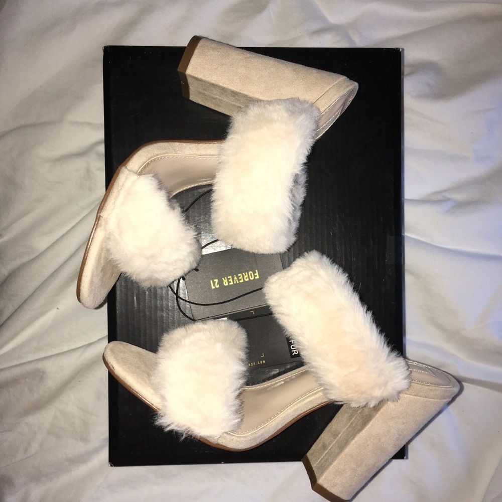 F21 faux fur off-white mules